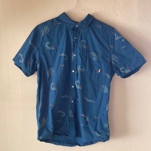 Poler blue casual button up shirt. Surf design. Size Large.